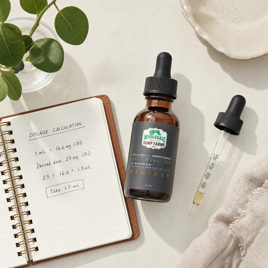 CBD tincture bottle beside a measuring dropper and a dosage calculation notepad