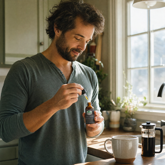 Person holding a WHF Relieve CBD tincture dropper in a morning kitchen with coffee nearby