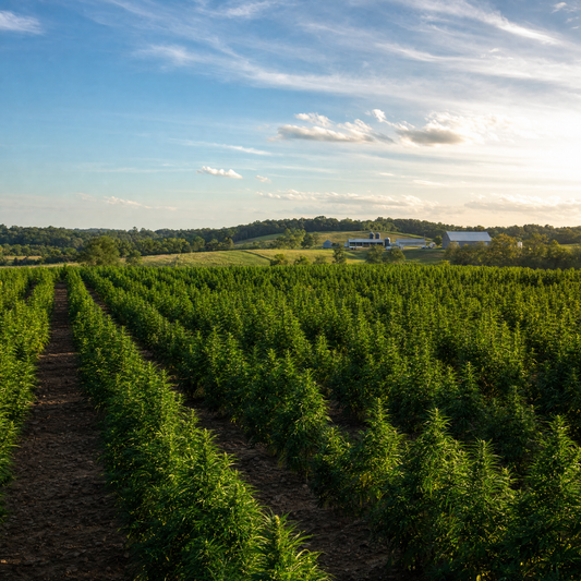 Kentucky hemp field with rows of green plants under a blue sky
