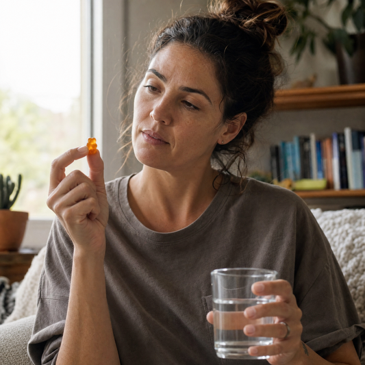 Woman holding a CBD gummy between her fingers at home