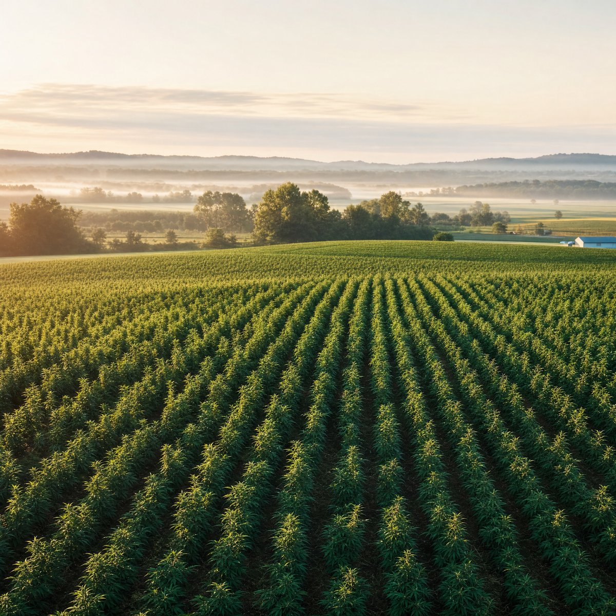 Kentucky hemp field with rows of plants in morning light