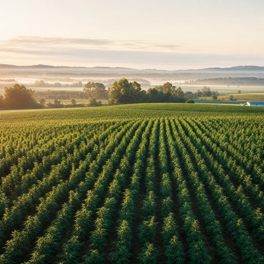 Kentucky hemp field with rows of plants in morning light