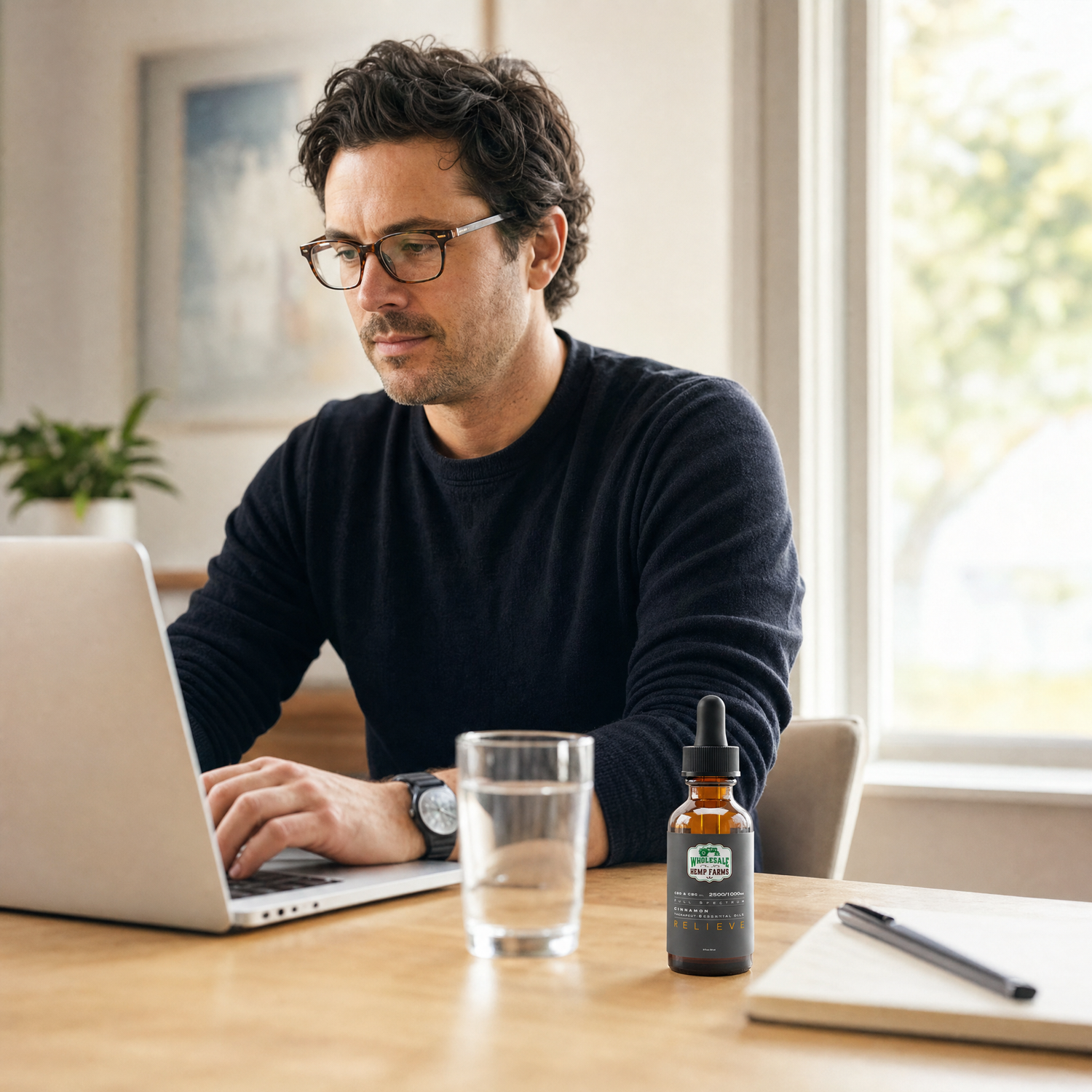 Person working at a desk with a WHF Relieve CBD tincture beside the laptop