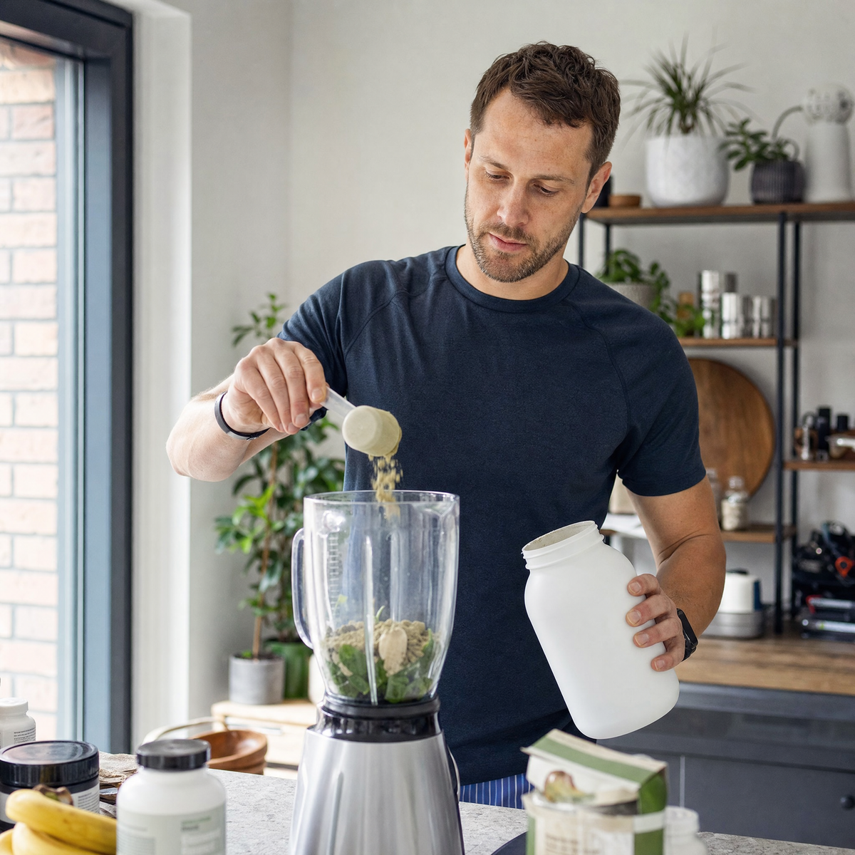 Man in workout clothes adding hemp protein powder to a blender in a kitchen