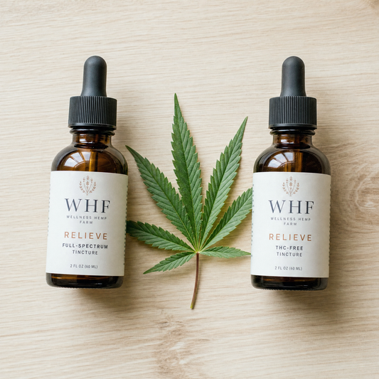 WHF Relieve full-spectrum and THC-free CBD tinctures side by side on a wood surface