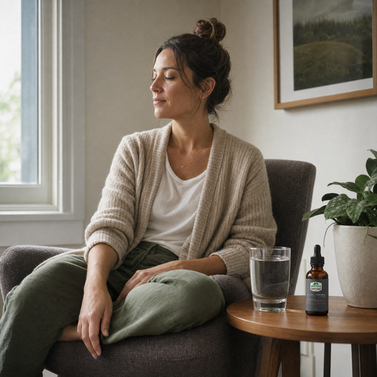 Woman relaxing on a couch with a WHF Relieve CBD tincture on the side table
