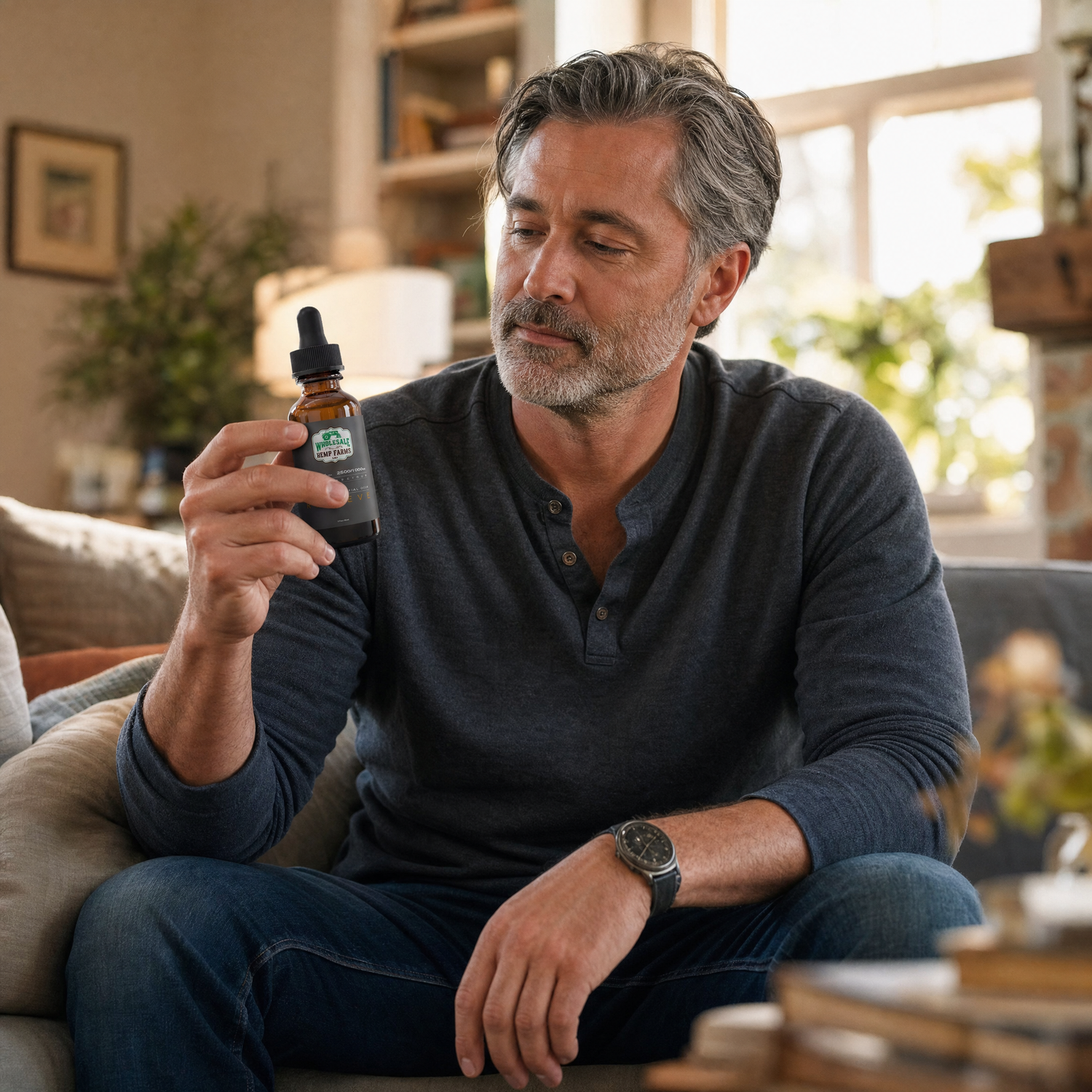 Man in his 50s seated at home examining a WHF Relieve CBD tincture