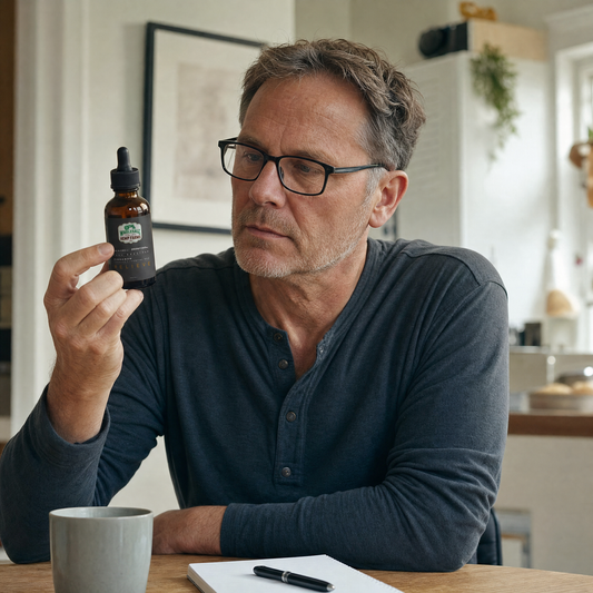 Man examining the label of a WHF Relieve CBD tincture bottle
