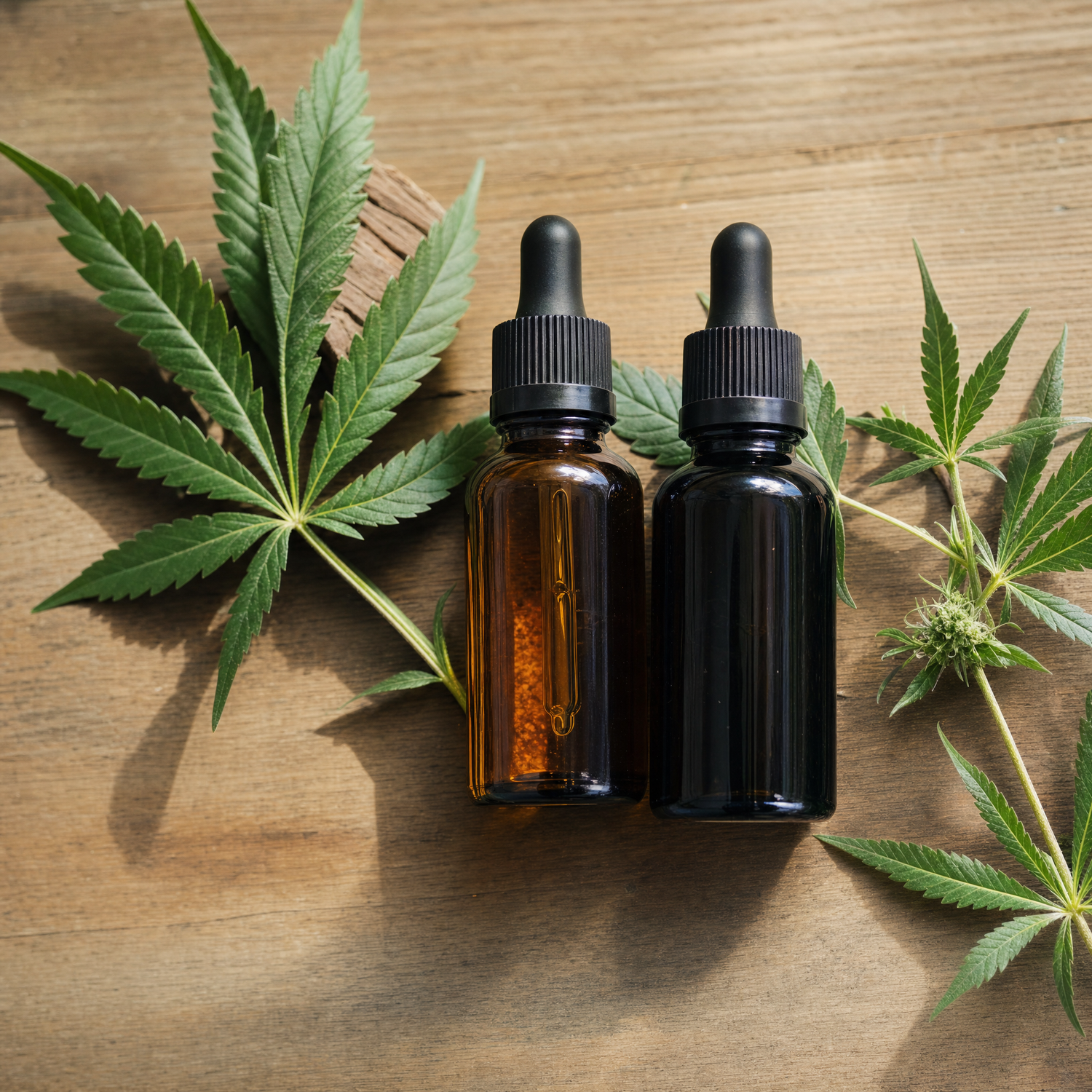 WHF Relieve full-spectrum and THC-free CBD tinctures beside hemp leaves