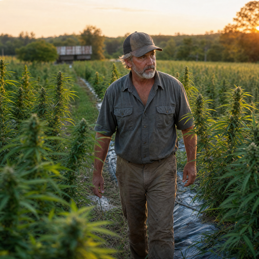 Farmer walking through a USDA Organic hemp field at golden hour