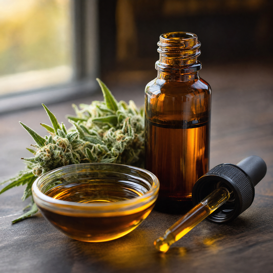 Amber hemp extract oil in a glass dropper beside dried hemp flower