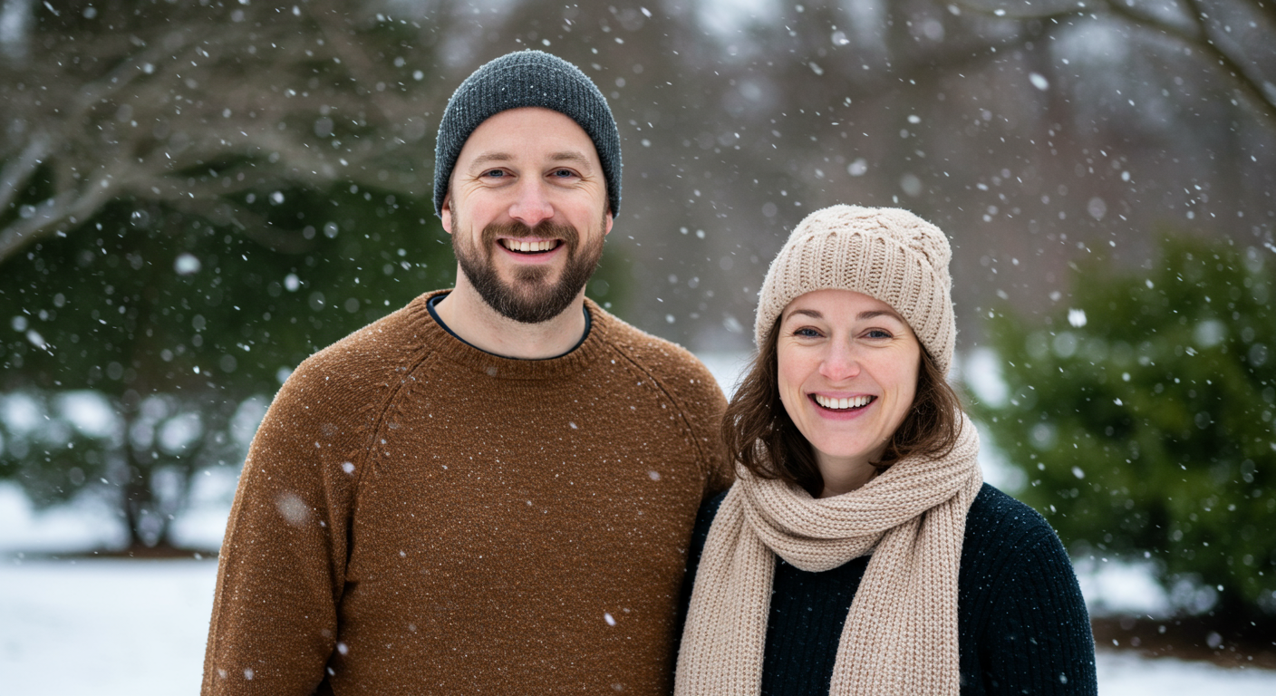 Folded hemp sweater and knit winter accessories in warm tones