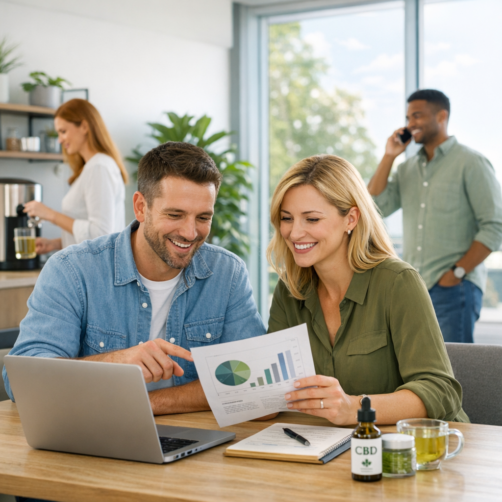 Entrepreneur reviewing CBD business plan and product samples