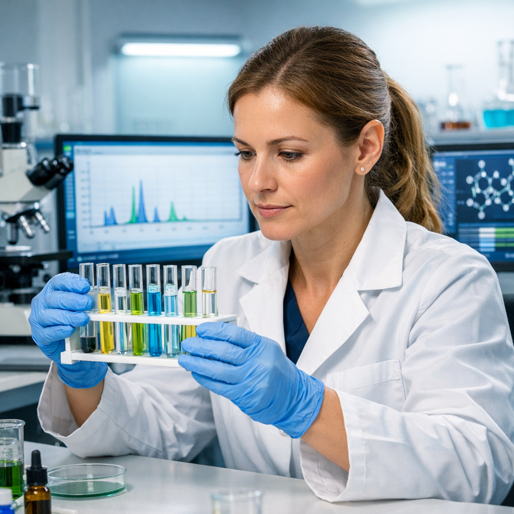 Laboratory technician testing CBD sample with professional equipment