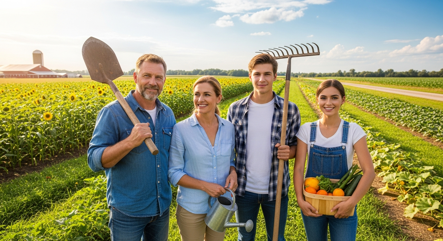 Multi-generational family standing in USDA Organic hemp field at harvest