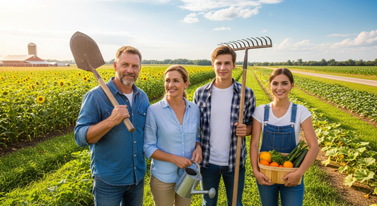 Multi-generational family standing in USDA Organic hemp field at harvest