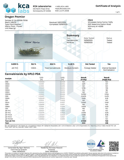 Oregon Premier Hemp Flower Certificate of Analysis — Third-Party Lab Test Results | Wholesale Hemp Farms