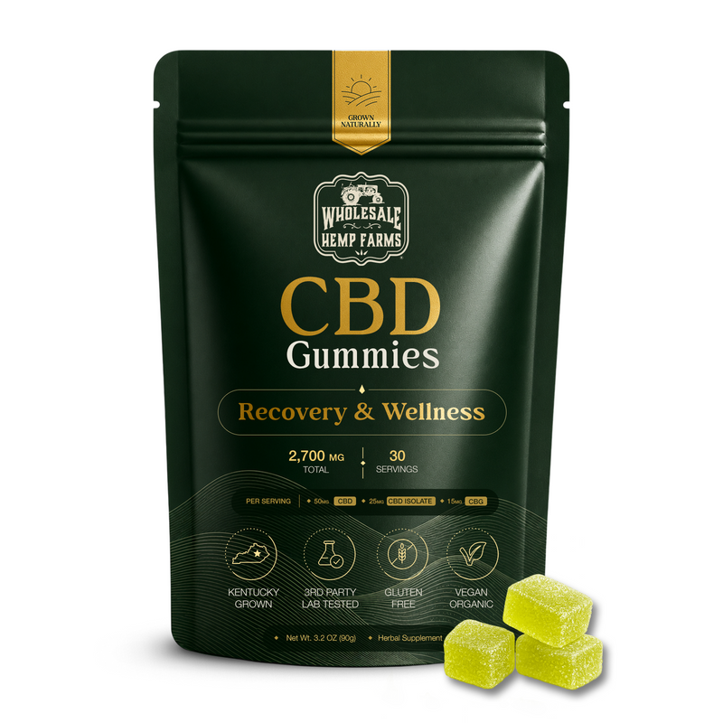 CBD CBG gummies for pain and recovery, Wholesale Hemp Farms package
