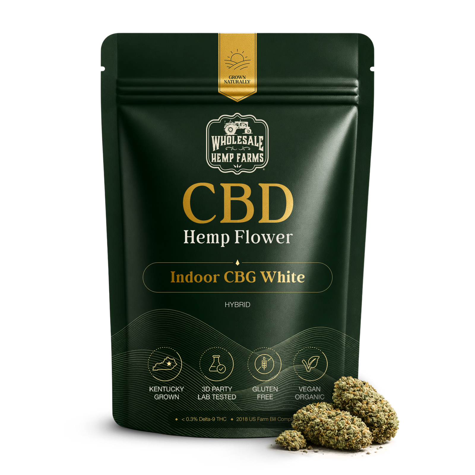 CBD Hemp Flower — Indoor CBG White hybrid pouch by Wholesale Hemp Farms, Kentucky grown and third-party lab tested