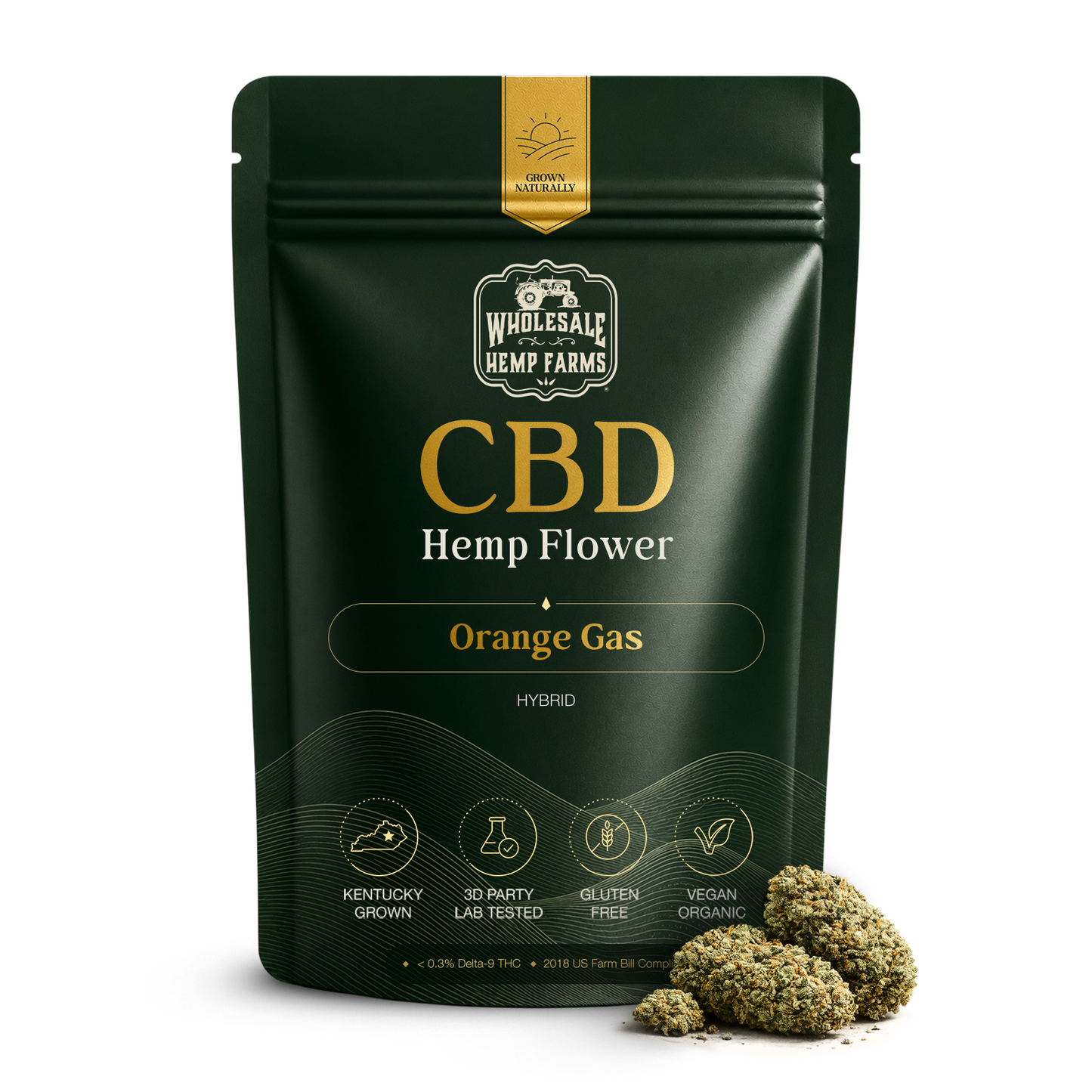 CBD Hemp Flower — Orange Gas hybrid pouch by Wholesale Hemp Farms, Kentucky grown and third-party lab tested