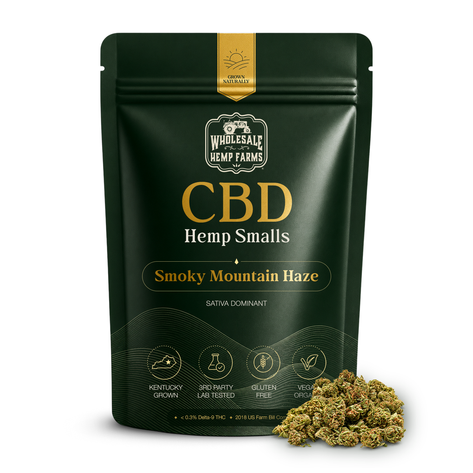 CBD Hemp Flower Smalls Smoky Mountain Haze — sativa dominant pouch from Wholesale Hemp Farms, Kentucky grown and third-party lab tested