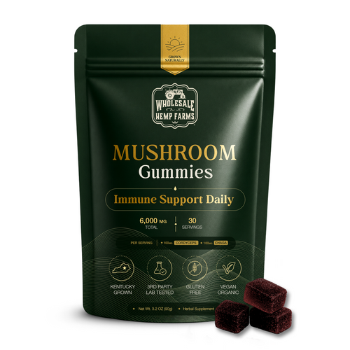 Cordyceps and Chaga mushroom CBD gummies for immune support, Wholesale Hemp Farms package