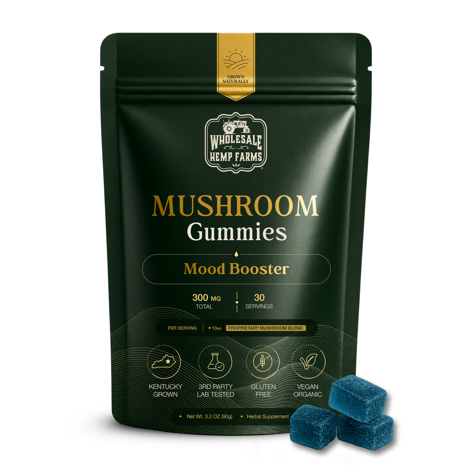 Mood mushroom gummies with muscimol — Mood Booster 300mg from Wholesale Hemp Farms, Kentucky grown and third-party lab tested
