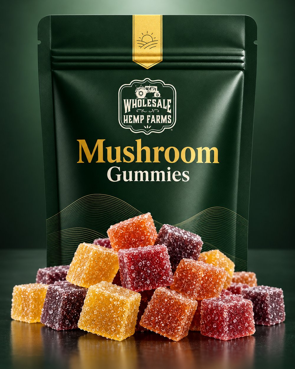 Lion's mane and reishi mushroom gummies pouch from Wholesale Hemp Farms