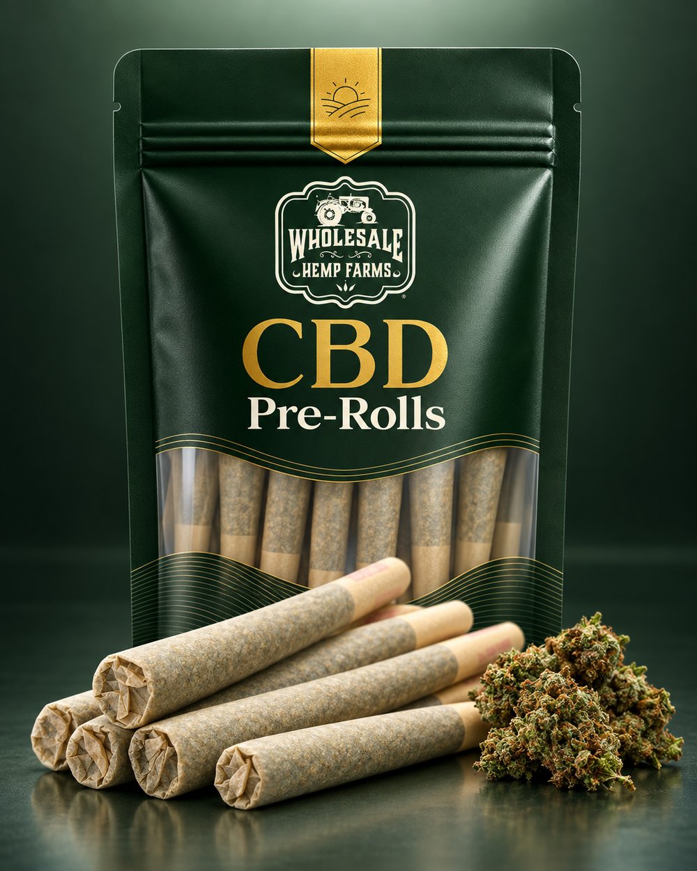 CBD hemp flower pre-rolls and pouch from Wholesale Hemp Farms